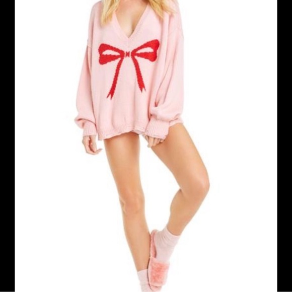 WILDFOX Clemente Intarsia Pink Bow Distressed Sweater Sz L - Picture 5 of 6